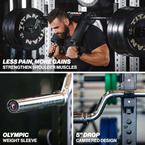 Titan Fitness Rackable Safety Squat Bar, Cambered Safety Squat Barbell with 5" Drop, Olympic Weight Sleeves Rated 1,500 LB, HeftyGrip Shoulder/Arm Pads, 35mm Easy-Grip Handles