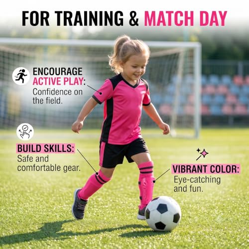 Soccer Shin Guards and Socks for Toddler Kids, Lightweight Soccer Shin Pads & Sleeves Equipment, Protective Defender Gear for 3-6 Years Old Children Boys Girls Sports Game - color: Pink