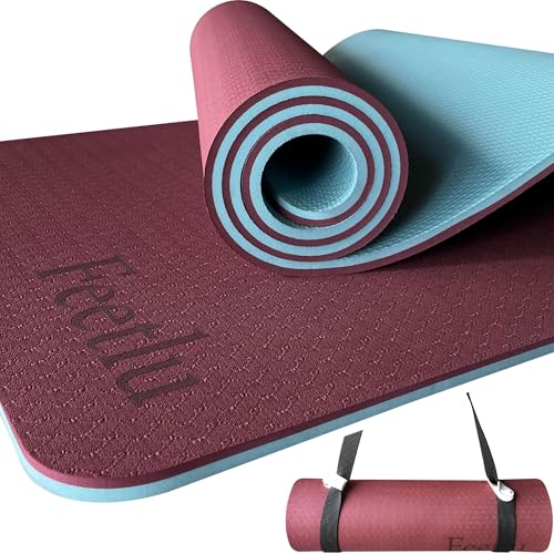 Extra Thick Yoga Mat with Carry Strap, 10mm Non-Slip Exercise Mat, 72 x 24 Inch Cushioned Workout Mat for Yoga, Pilates, Stretching & Floor Exercises - color: Dark Red & Blue Gray