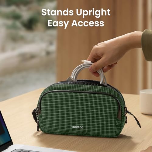 tomtoc Electronic Organizer Travel Case Performance, Water Resistant Dual Compartment Cable Organization Storage Bag for Charger, Cord, Phone, Hard Drive, Power Bank, Accessories Travel Essentials - color: Green Plaid, size: Medium