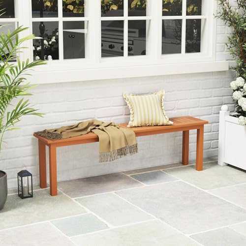 Tangkula Outdoor Wood Bench, 59” Long Patio Dining Bench, Backless Wooden Bench with Teak Oil Finish & Slat Seat, Accent Entryway Bench, Farmhouse Bench for Yard, Garden, Porch, Indoors - size: 59"
