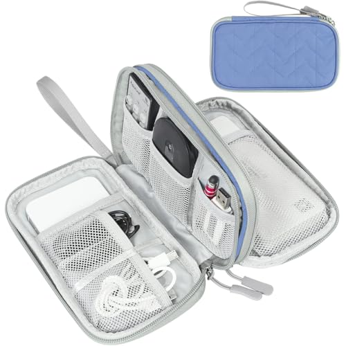 FYY Electronic Organizer, Travel Tech Pouch, Cable Organizer Blue Quilted | Wrist Strap, Waterproof, Double Layers Portable Electronics Travel Carrying Case for Cord, Charger, Daily Business Trips Use - color: Blue Quilted, size: Small