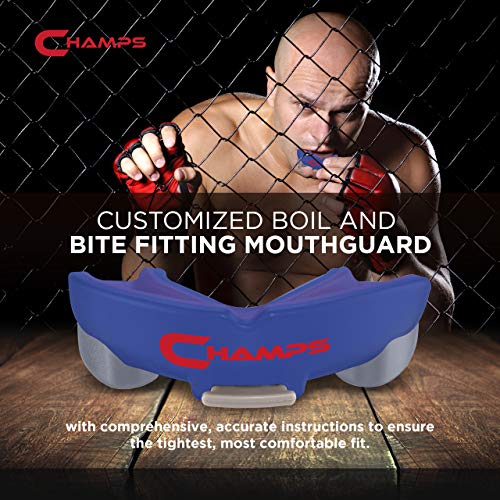 Champs MMA Breathable Mouth Guard for Boxing, MMA, Jiu Jitsu, Muay Thai, Wrestling & Combat Sports – Easy Fit, Boil & Bite Design Mouthpiece – Durable Boxing Mouthguard for Men & Adults, Case Included - color: Blue