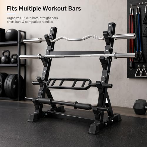 Barbell Storage Rack for Home Gym, 4-Tier EZ Curl Bar Stand with Steel Frame, Workout Bar Holder Organizer for Garage Gym Fitness Room Equipment