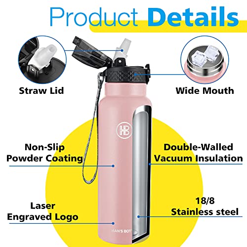 Han's Bottle Sports Water Bottle - 24 Oz, Straw Lid, Leak Proof, Vacuum Insulated Stainless Steel, Double Walled, Thermo Mug,Blush - color: Blush, size: 24 Ounces