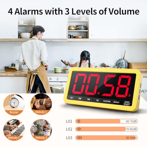 VOCOO Digital Kitchen Timer with 7.8” Extra Large Display, Magnetic, 3 Brightness, 4 Alarms and 3 Volume Levels, Battery Countdown Count Up Timer for Cooking, Classroom, Home Gym (Yellow) - color: Yellow