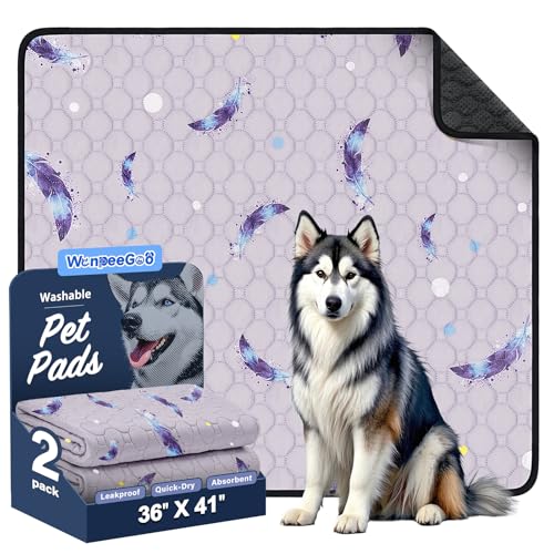 Washable Dog Pee Pads, Non-Slip Waterproof, 36 x 41 in, 2 Pack, Feather | Super absorbent, waterproof and non-slip; washable, reusable dog pads for crates, playpens, floors, furniture and travel - color: Feather Pattern, size: 36"x41"(Pack of 2)
