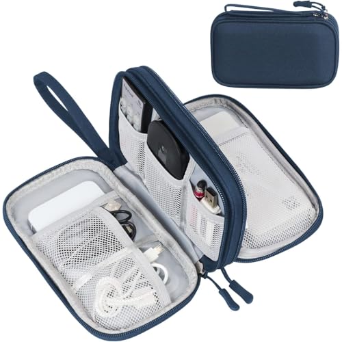 FYY Electronic Organizer, Travel Cable Organizer Bag Pouch Electronic Accessories Carry Case Portable Waterproof Double Layers Storage Bag for Cable, Cord, Charger, Phone, Earphone, Medium Size, Navy | Wrist Strap, Waterproof, Double Layers Portable Elect
