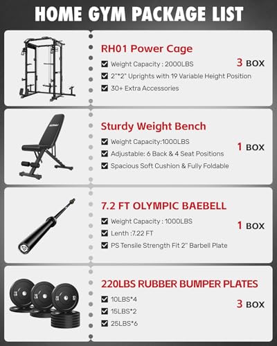 RH01 Power Cage Rack, 2000LBS Squat Rack with with Cable Crossover System&LAT Pull Down System, Multi-Function Workout Cage for Home&Garage Gym - color: Black, size: RH01 Power Cage with 220LB Weights