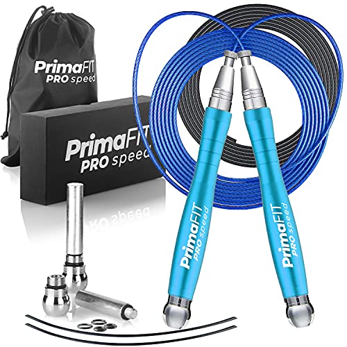 PrimaFIT Pro Speed Jump Rope for Adults, Weighted Skipping Rope for Boxing | Adjustable Jumping Rope for Fitness Workout & CrossFit Exercise, Double Unders, Handle Weights, 3m Cables 2 Protectors, Bag - color: Light Blue