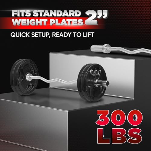 Yes4All Standard Straight Barbell 60" & EZ Curl Bar 47", Capacity 200 to 480 LB, Weight Bar 1" to 2" Diameter - Star Lock Collars, Rubber Ring, Barbell Spins Included for Deadlifts & Squats - color: F: Olympic Curl Bar 2" - 300LB, style: C. Olympic Curl B