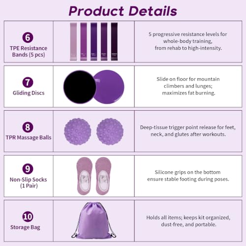 Hoikwo Purple TPE Pilates Kit for Home Workout, Complete Set with Pilates Ring, Resistance Bands, Yoga Ball, TPE Bands, TPR Massage Ball, Sliders, Along with an 8-Shape Band and Non-Slip Socks
