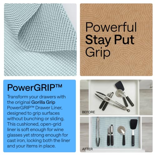 GORILLA GRIP powerGRIP Drawer Shelf and Cabinet Liner, Thick Strong Hold, Non-Adhesive Liners Protect Kitchen Cabinets and Cupboard, Bathroom Drawers, Easy Install, Breathable Mat, 12" x10', Spa Blue - color: Spa Blue, size: 12" X 10', style: 12" x 10'