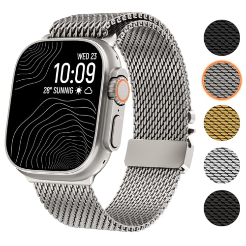 WINGLE Milanese Loop for Apple Watch Band Ultra 3/2/1 Band Ultra 49mm Series 11 10 46mm 45mm 44mm SE 3/2/1 Series 9 8 7 6 5 4 3 Men Women,Parachute-Style Buckle Stainless Steel Mesh Metal iWatch Bands - color: Natural