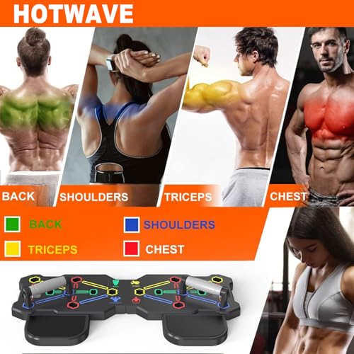 HOTWAVE Push Up Board, Portable Pushup Board & Plank Trainer, Push Up Bar | Foldable Pushup Handles for Floor, Multifunctional Workout Equipment with 20 Gym Accessories for Men and Women at Home Gym - color: Black