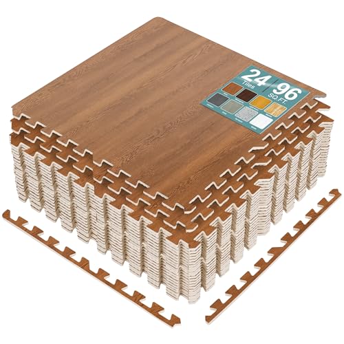 Sorbus 96 Sq. Ft. Wood Grain Floor Tiles Foam Mat EVA Interlocking Mats Tile 3/8-Inch Thick Flooring Wood Puzzle Exercise Mats w/Borders - Home Playroom Basement, Apartment, Trade Show, Baby, Dance - color: Pine, size: 24 Pack