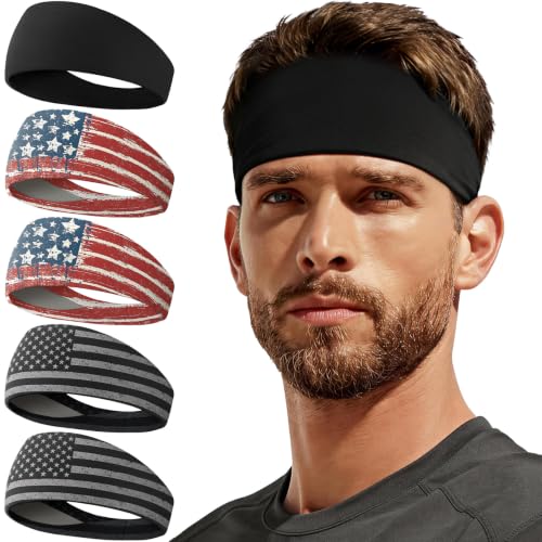 Sweat Band, 5 Pack Headband Moisture Wicking for Running Sports | Workout Sweatband, Unisex Fit, Non-Slip, Skin-Friendly, Multi-Use, Perfect for Exercise, Lightweight - color: Black+2 America Flag-1+2 America Flag-2