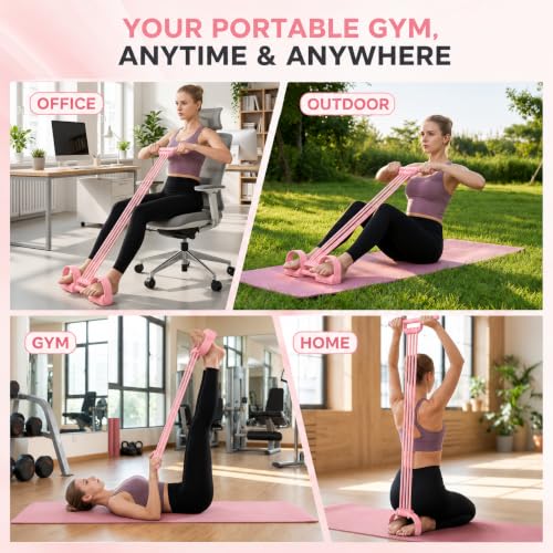 Pedal Resistance Band with Handle, Sit Up Exercise Equipment | Upgraded 8-tube multifunction pedal resistance band for home gym. Non-slip foam handles and foot pedals for full body workout - color: Pink