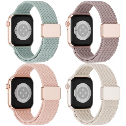 4 Pack Magnetic Stretchy Braided Sport Loop for Apple Watch Band Women Men | Nylon Elastic Strap Compatible with iWatch Series 11/10/9/8/SE/7/6/5/4/Ultra 3 2 for 38mm 40mm 41mm 42mm 44mm 45mm 46mm 49mm - color: Succulent/Smoke Violet/Sand Pink/Starlight,