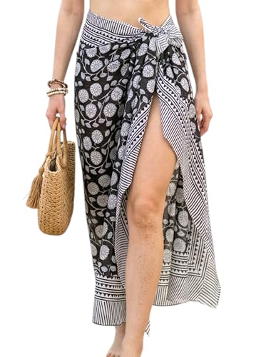 Beach Cover Ups for Women, Cotton Sarong Wrap Pareo | 100% Cotton Sarong Wraps For Women, 73 x 44 In. Pareo Beach Wrap, Bikini Cover Up, Bathing Suit Cover Up, Resort Wear - color: Thamar Black 15