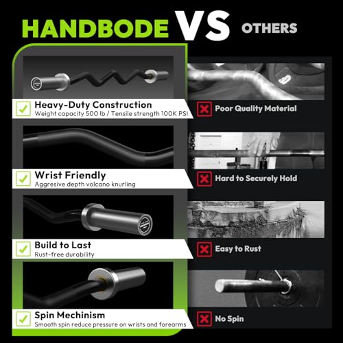 HANDBODE Olympic EZ Curl Bar, Curling Barbell, 4 FT And 6.2 FT Options | 500-700 LB, Rackable Longer Version, 2-Inch Sleeves, Angled Grips, Bicep Training, Tricep Extensions, Preacher Workouts - color: 4ft Curl Bar 20lb, Black & Silver