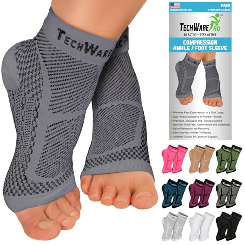 TechWare Pro Ankle Brace Compression Sleeve - Plantar Fasciitis Sock. Relieves Achilles Tendonitis. Foot Arch Support Reduces Joint Pain, Swelling & Heel Spur Pain. Injury Recovery Braces for Sports - color: Gray, size: S / M (see size chart)