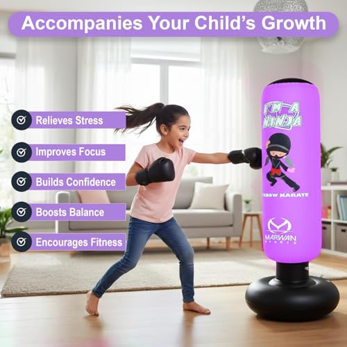Marwan Sports Ninja Kids Punching Bag — Inflatable Sensory Toy & Birthday Gift for Boys & Girls Ages 4-12, 63" Freestanding 5-in-1 Kit, Indoor Apartment-Quiet Sensory-Friendly Active Play - color: Purple