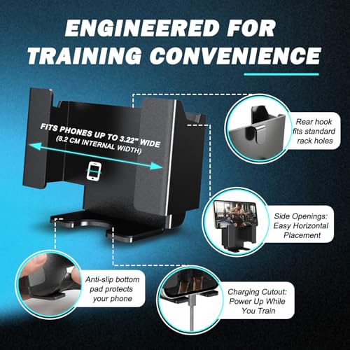 J Bryant Rack Mounted Phone Holder for 2x2 / 3x3 Power Rack & Squat Rack (Sold Separately) Fixed Side Slots & Hook Mount Phone Stand Compatible with 5/8–1 inch Rack Holes