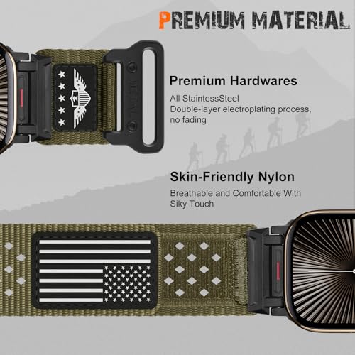 Rugged Nylon Band for Apple Watch Ultra 3/2/1 Series 11 10 9 8 7 6 5 4 SE/3/2/1 for Men,Breathable Stars-Stripes Flag Wristband Workout Athletic Strap for iWatch Ultra Bands 49mm 46mm 45mm 44mm 42mm - color: 02-Green-Metal adapter, size: 49/46/45/44/42MM(