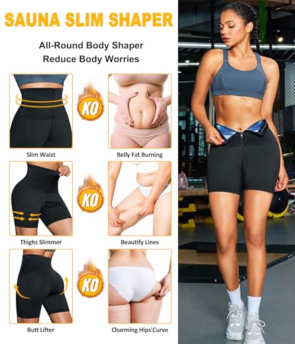 TrainingGirl Compression Sweat Shorts for Women Workout Sauna Suit Gym Sets High Waist Trainer Thigh Fat Slimmer Yoga Pants - color: Black Blue-inner Zipper, size: Small