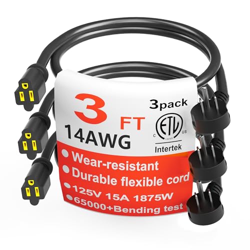 HUANCHAIN 14 Gauge 3 Feet (3 Pack) Flat Plug Extension Cord Black Indoor Outdoor, Heavy Duty 3 Prong Grounded Low Profile Extension Wire Flexible, 15A 1875W 125V 14AWG SJTW, ETL Listed - color: Black, size: 3 FT - 3 pack