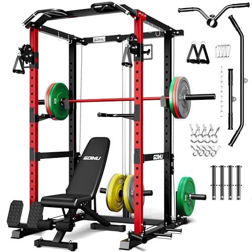 RH01 Power Cage Rack, 2000LBS Squat Rack with with Cable Crossover System&LAT Pull Down System, Multi-Function Workout Cage for Home&Garage Gym - color: Red-SE, size: RH01 Power Cage with 290LB C Weights