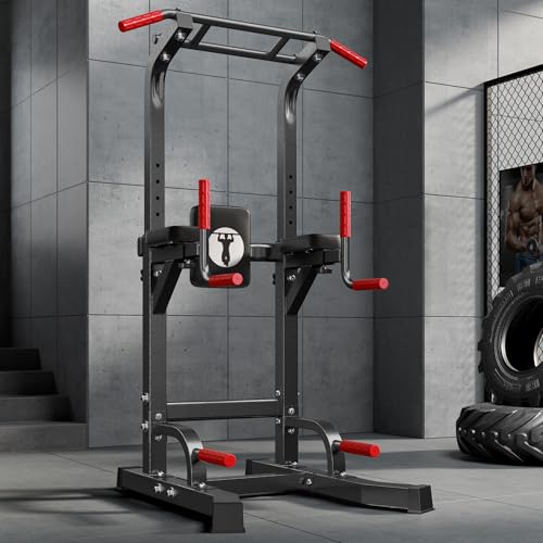 SogesPower Multi-Function Power Tower Pull Up Bar Station Pull Up Dip Station for Home Gym, 10-Level Adjustable Height Pull Up Bar Stand Dip Bar Strength Training Workout Equipment - color: Black