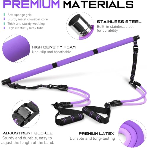 Pilates Bar Kit with 6 Latex Resistance Bands, Adjustable Exercise Bar - color: Purple