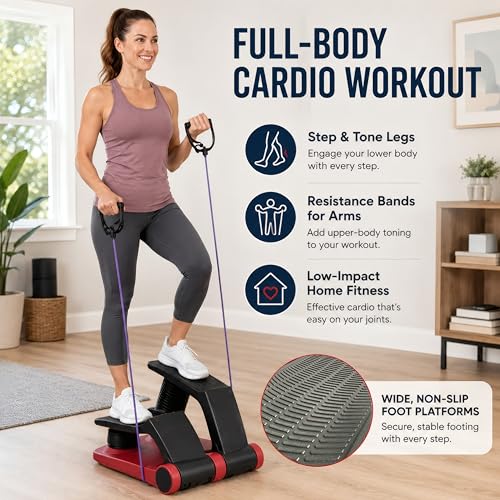 Air Stepper Exercise Machine with Resistance Bands, 5-Level Adjustable Resistance, 300 lb Capacity Stair Stepper with LED Monitor, Low-Impact Home Cardio and Full Body Workout Equipment - color: Blue/Black