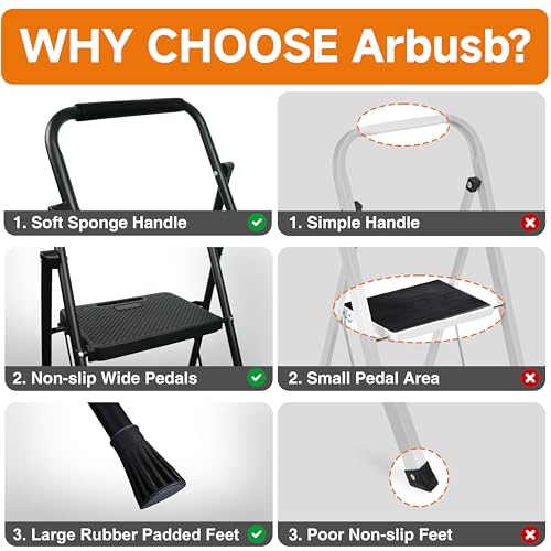 Arbusb Step Ladder, Folding Step Stool with Wide Anti-Slip Pedals, Sturdy Steel Ladder with Handrail, Space-Saving, Portable for Home & Adults, 3 Step Ladder - size: 3-step