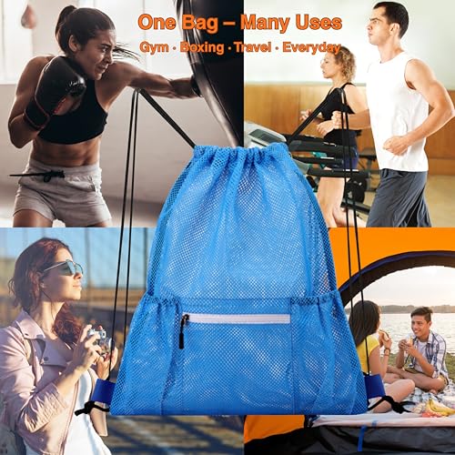 Mesh Sports Drawstring Bag, Large Breathable Gym Sack for Boxing Gloves, Boxing Equipment, Shoes & Training Gear, Lightweight & Durable (Blue) - color: Blue