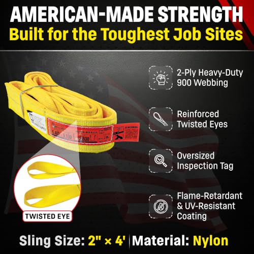 DD Sling (USA Made). 2" wide X (4' to 20' lengths) in Listing! 2 Ply Twisted Eye, Nylon Lifting Slings, Eye & Eye, Heavy Duty (900 webbing), 6,400 lbs Vertical, 5,100 Choker, 12,800 Basket Load Capacity (2inX4ft) - size: 2inX4ft