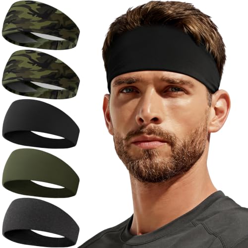 Sweat Band, 5 Pack Headband Moisture Wicking for Running Sports | Workout Sweatband, Unisex Fit, Non-Slip, Skin-Friendly, Multi-Use, Perfect for Exercise, Lightweight - color: 2 Camo+Black+Green+Heather Gray