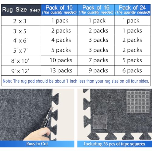 BXI Soundproof Interlocking Rug Pad 10 Pcs, 11x 11 x 0.4 inches Non Slip Rug Pads, High Density Noise Reduction Puzzle Felt Carpet Padding, Rug Mat Protects and Adds Cushion for Hardwood Floors - size: 10 Pcs
