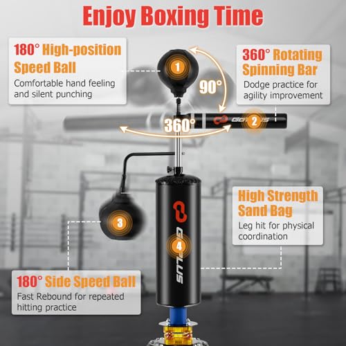 Goplus Boxing Speed Trainer, Freestanding Punching Bag 360° Spinning Bar with 2 Reflex Speed Balls, Shock Absorbers, Fillable Base, Height Adjustable Boxing Training Equipment for Teens Adults