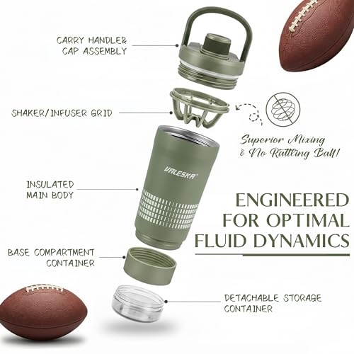 VALESKA Shaker Bottle for Protein Mixes with Storage | 24oz Insulated Stainless Steel Protein Shaker, BPA Free, Leak Proof, Dishwasher Safe, Perfect for Protein Shakes and Pre Workout | Green - color: Green, size: 24 Ounces