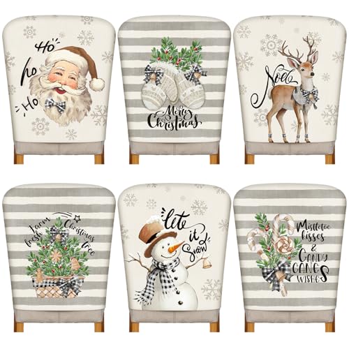 Moukeren 6 Pcs Christmas Chair Cover Set Stretch Dining Chair Back Covers Vintage Christmas Santa Claus Elk Slipcovers Farmhouse Removable Elastic Seat Protector for Xmas Party Kitchen Home Decor - style: Fresh
