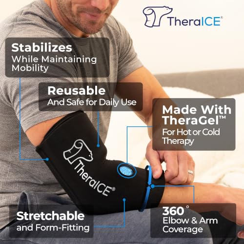 TheraICE Elbow Ice Pack Wrap, Compression Sleeve for Tennis & Golfers Elbow | Forearm & Arm Ice Sleeve for Bursitis, Tendonitis Relief, Reusable Cold Pack, Women & Men - color: Black, size: Large/X-Large
