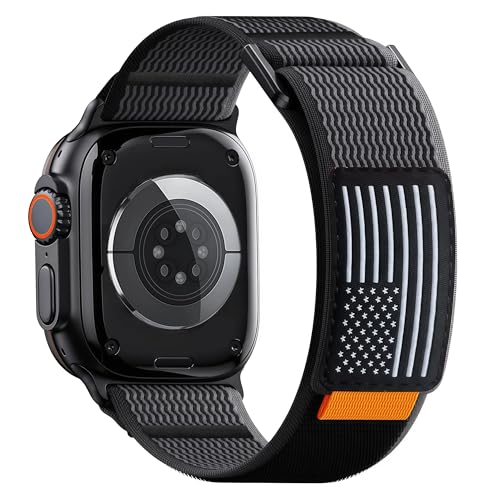 Trail Loop Nylon Band for Apple Watch Ultra 3/2/1 Series 11/10/9/8/7/6/SE/5/4/3/2/1 Men, Elastic Weave Stars-Stripes Flag Strap Compatible with iWatch 49mm 46mm 45mm 44mm 42mm - color: black gray