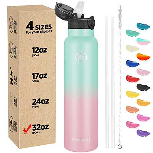 Han's Bottle Sports Water Bottle - 32 Oz, Straw Lid, Leak Proof, Vacuum Insulated Stainless Steel, Double Walled, Thermo Mug,Bubble Gum - color: Bubble Gum, size: 32 Ounces