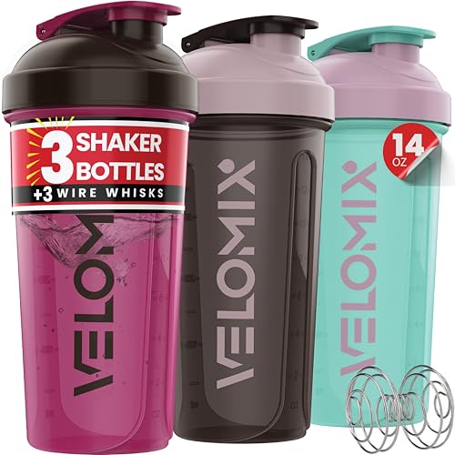 VELOMIX 3 Pack 14 oz Protein Shaker Bottle for Mixes - 3 Wire Whisk Balls | Stackable Leak Proof Cups | Dishwasher Safe, BPA-Free (Mixed Colors) - color: Mixed Colors
