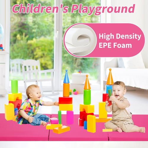 BLKMTY Gymnastics Mats - 2'x6' Folding Exercise & Yoga Mat with Carrying Handles for Kids' Tumbling & Home Gym - color: Pink