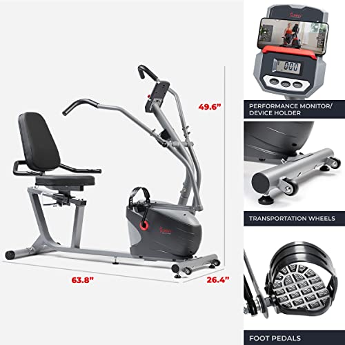 Sunny Health & Fitness Smart Recumbent Bike, Full-Body Home Training with Arm/Leg Exercisers, Indoor Cycling Workout Machine Plus Adjustable Seat & Bulit-in Pulse Sensors, Free SunnyFit App Connection - style: Cross Trainer