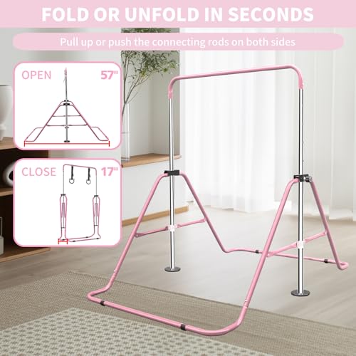 Gymnastic Bars for Kids with Attachable Rings, Height Adjustable Junior Training Horizontal Bars, Foldable Gymnastic Training Kip Bar for Home - color: Pink